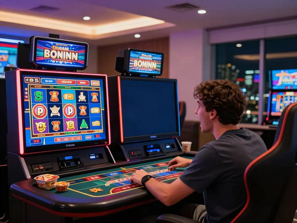 Gaming excitement at non GamStop casinos UK with vibrant digital slots and a captivated player.