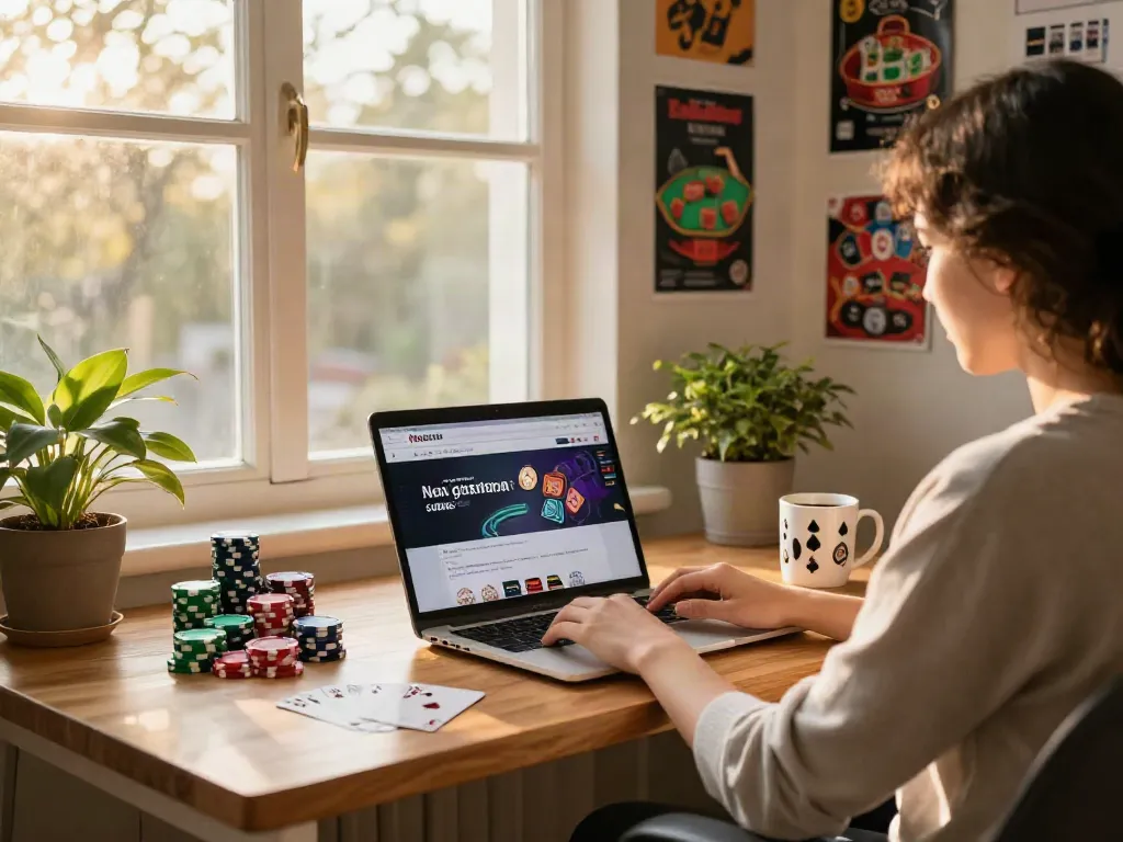Cozy home office featuring a laptop on non gamstop casinos uk, decorated with poker chips and casino-themed decor.