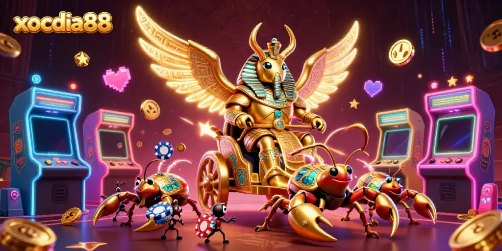 Engage with xocdia88's vibrant casino-themed illustration featuring dynamic characters and games.