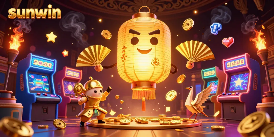 sunwin features a golden lantern spirit and arcade machines in a vibrant casino scene