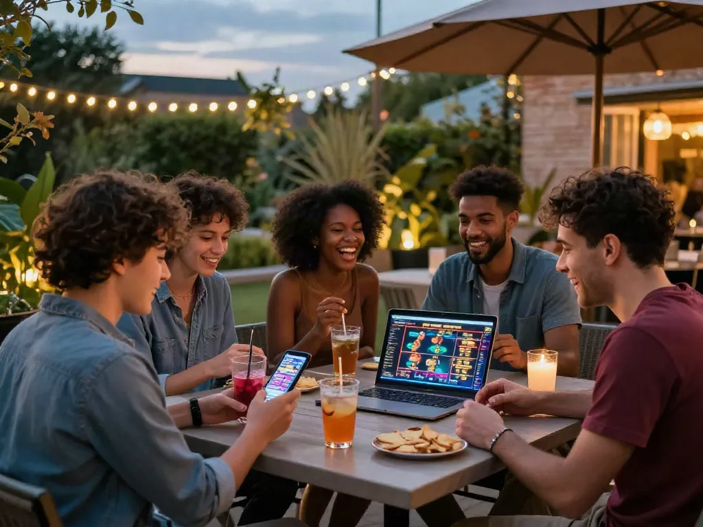 Group enjoying non gamstop casinos uk experience at a garden lounge with snacks and games.