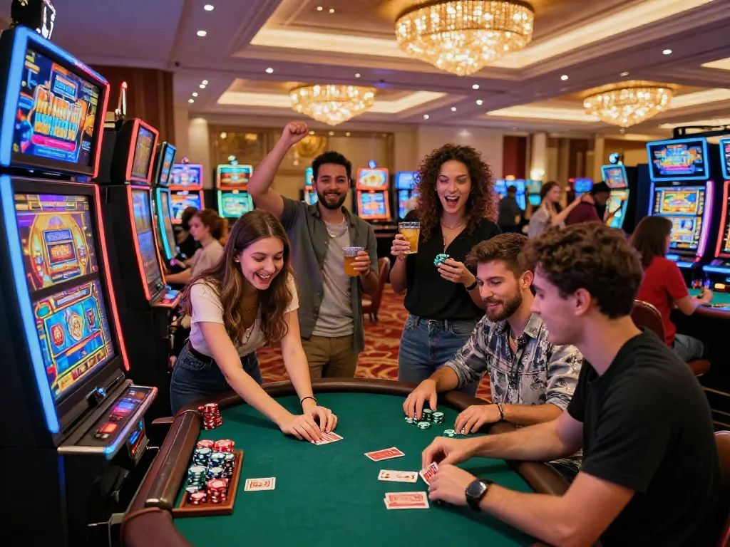 Engaging atmosphere at non gamstop casinos UK where friends celebrate wins at slot machines and card tables.