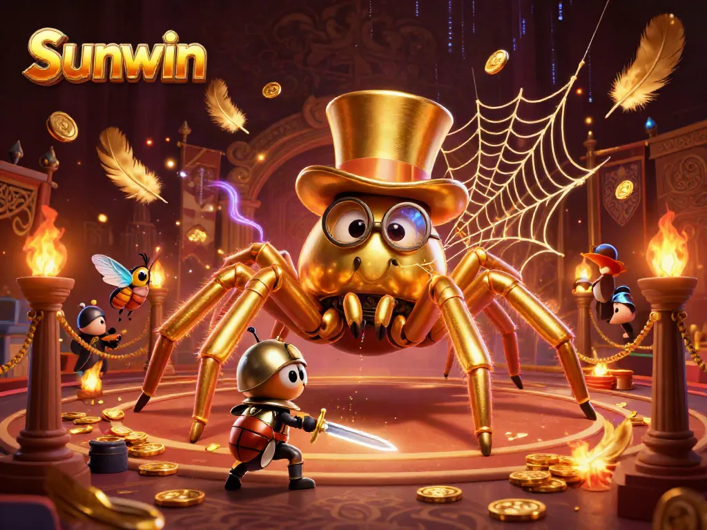 Engage in exciting adventures with Sunwin, featuring a golden tarantula and beetle knight among casino elements.