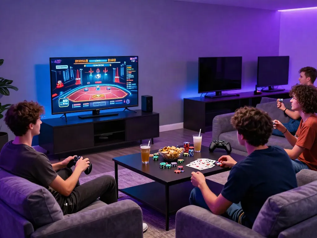 Engaging scene in a gaming lounge focused on non gamstop casinos UK, showcasing friends enjoying online gambling.