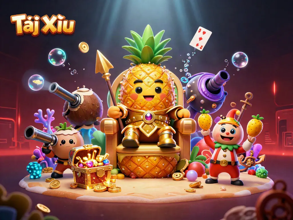 Tài Xỉu game action with an engaging illustration of a vibrant casino scene featuring the golden pineapple king.