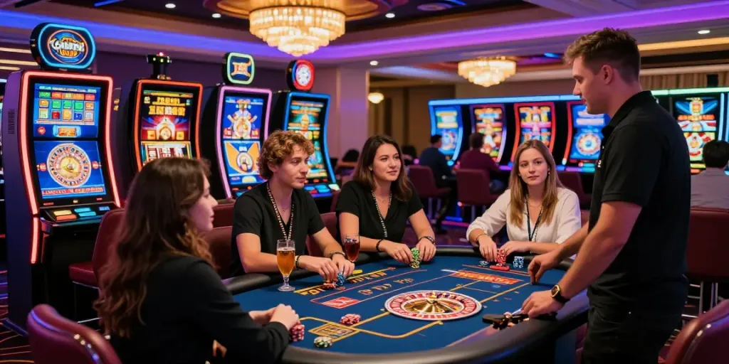 Players enjoying diverse games at non Gamstop casinos UK with vibrant atmosphere and modern decor.
