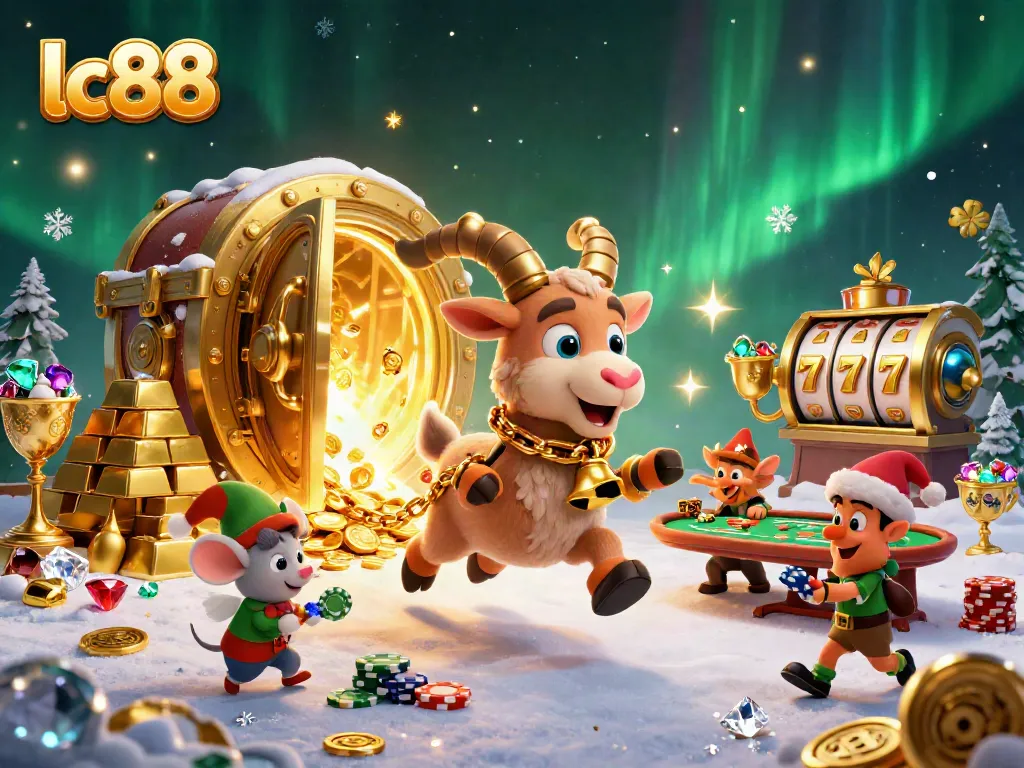 Spin the reels at lc88's festive casino while gremlins steal chips in a vibrant illustration.