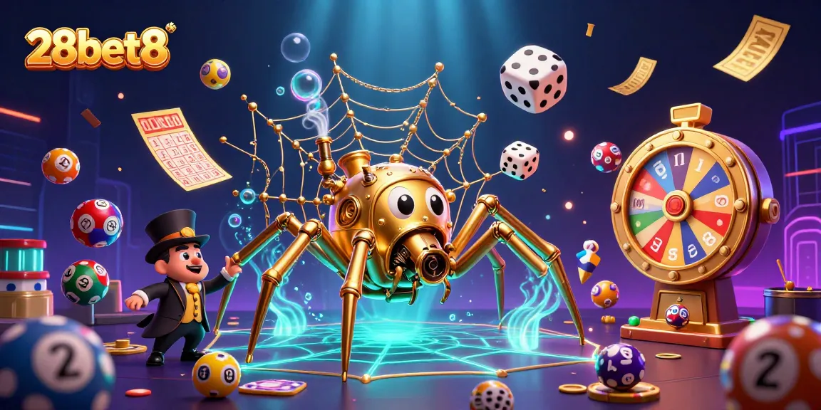 Experience thrilling gameplay with 28bet8 as colorful lottery balls bounce amidst a captivating casino scene.