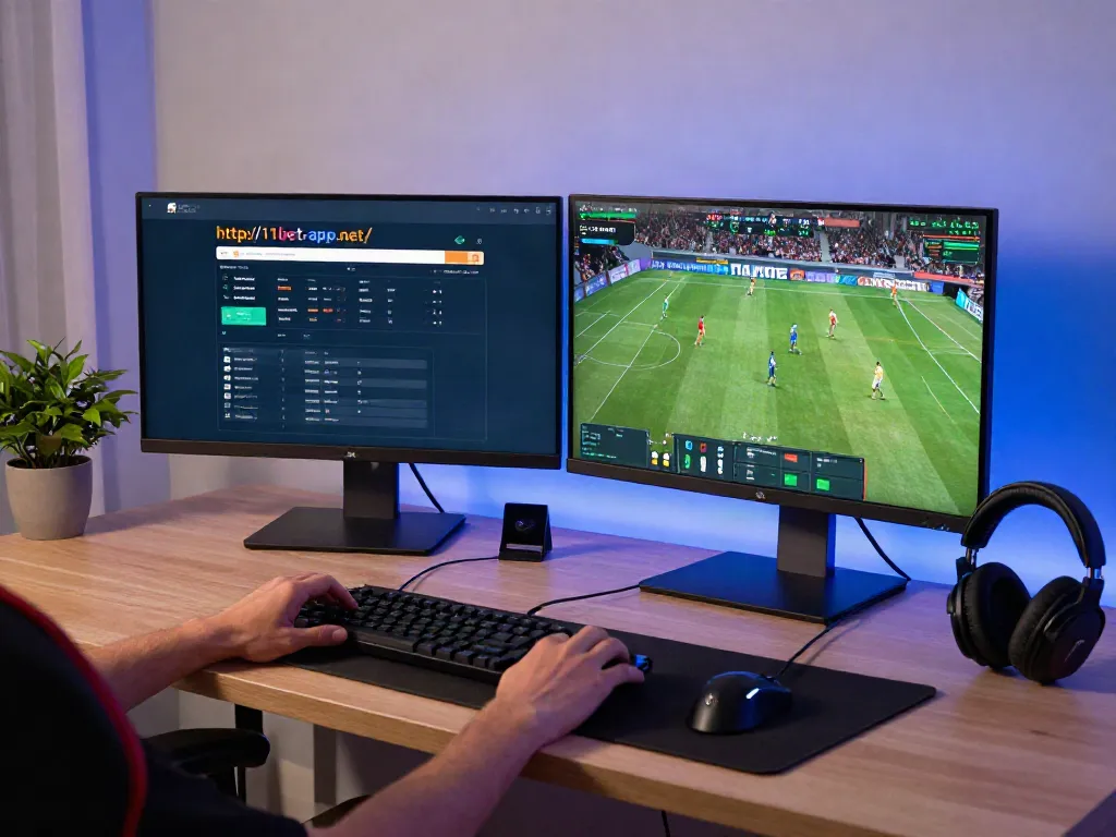 Gamer using http://11bet-app.net/ on dual monitors at home