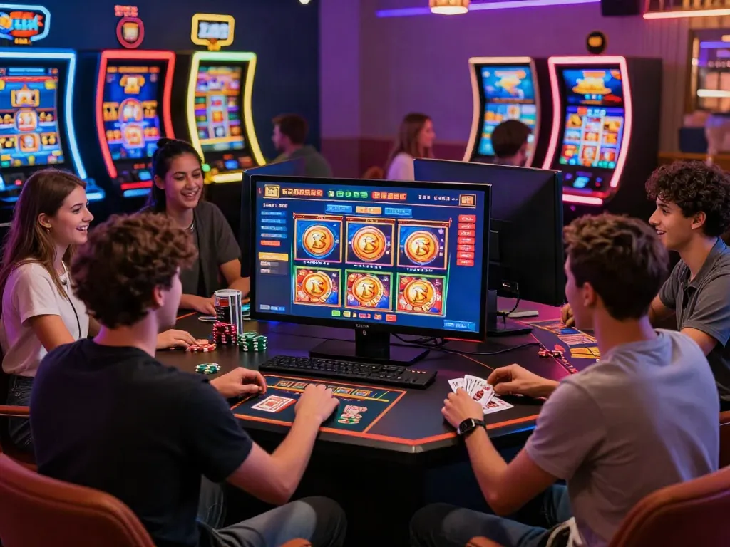 Fun group enjoying non GamStop casinos UK with vibrant gaming atmosphere.