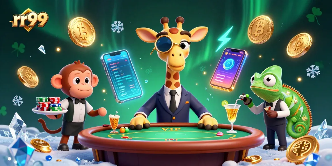 Bet on rr99 while a giraffe holds cards, surrounded by vibrant casino elements.