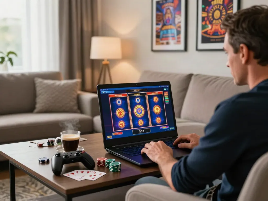 Engaging scene of a player enjoying non gamstop casinos UK from a cozy living room.