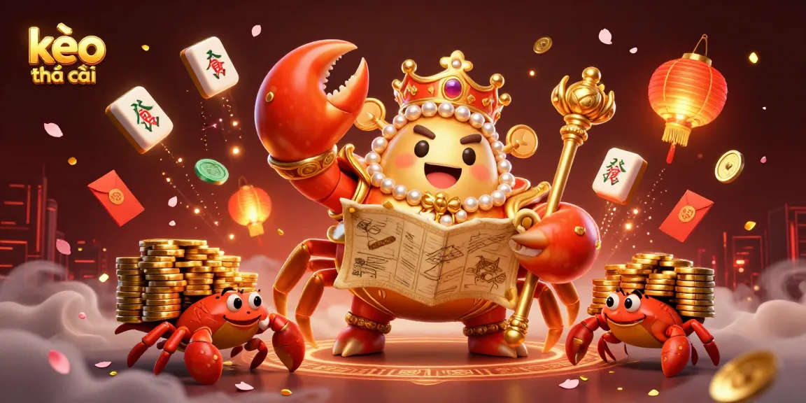 Engage with kèo nhà cái as a golden crab emperor leads a high-stakes adventure in this vivid gambling illustration.