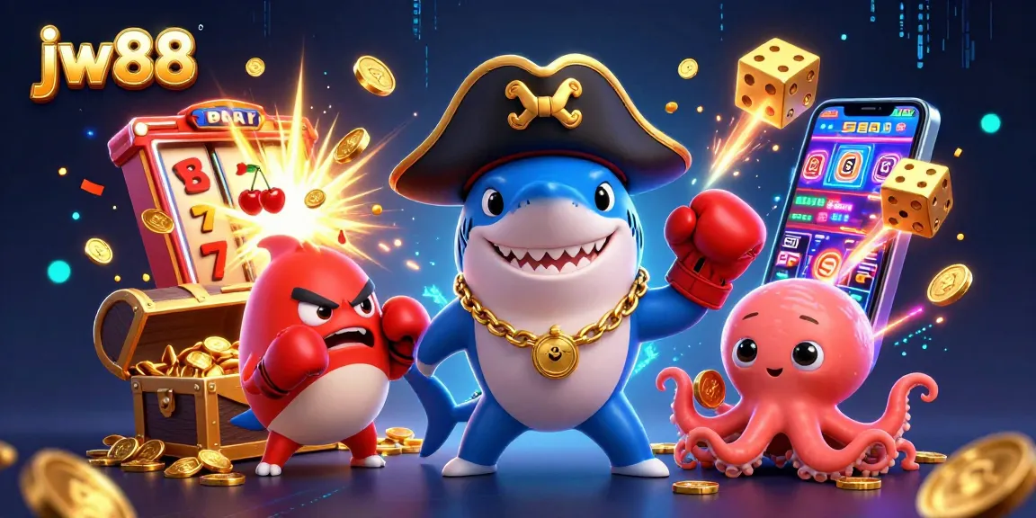 jw88 showcases vibrant casino excitement with a cartoon shark, pufferfish, and octopus celebrating wins.