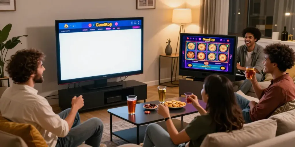 Exciting scene of friends enjoying non gamstop casinos UK gaming at home.