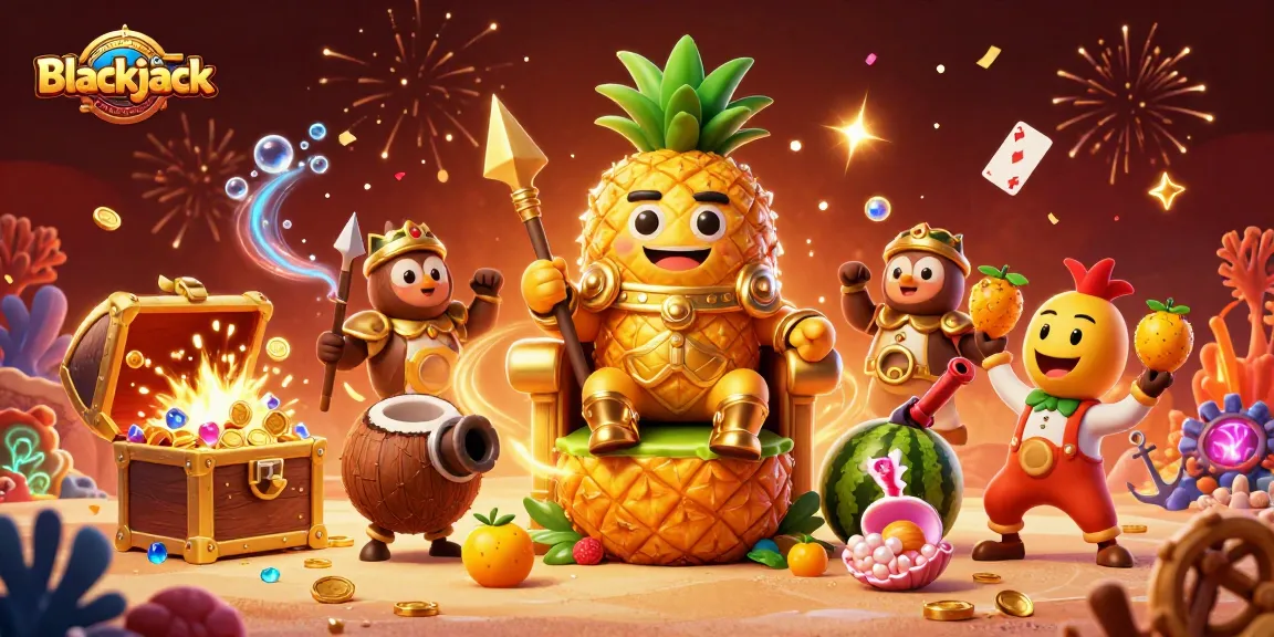 Experience Blackjack excitement with a lively casino scene featuring a golden pineapple king and his tropical entourage.