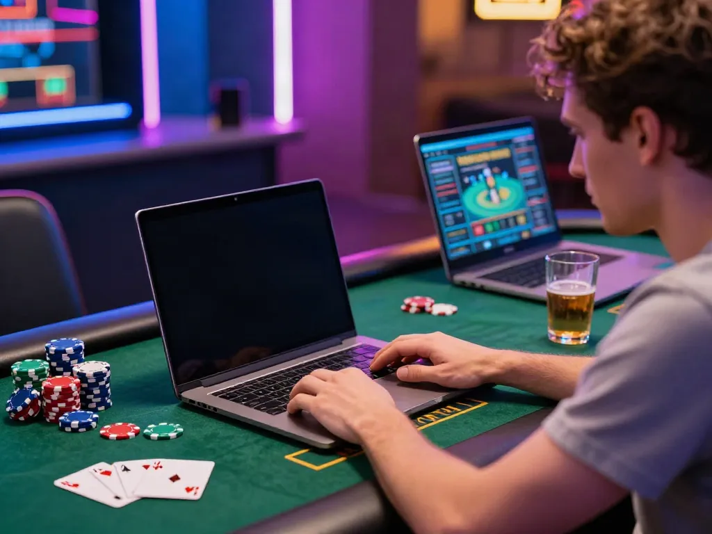 Player enjoying games at non Gamstop casinos UK, vibrant gaming setup with poker chips and cards.