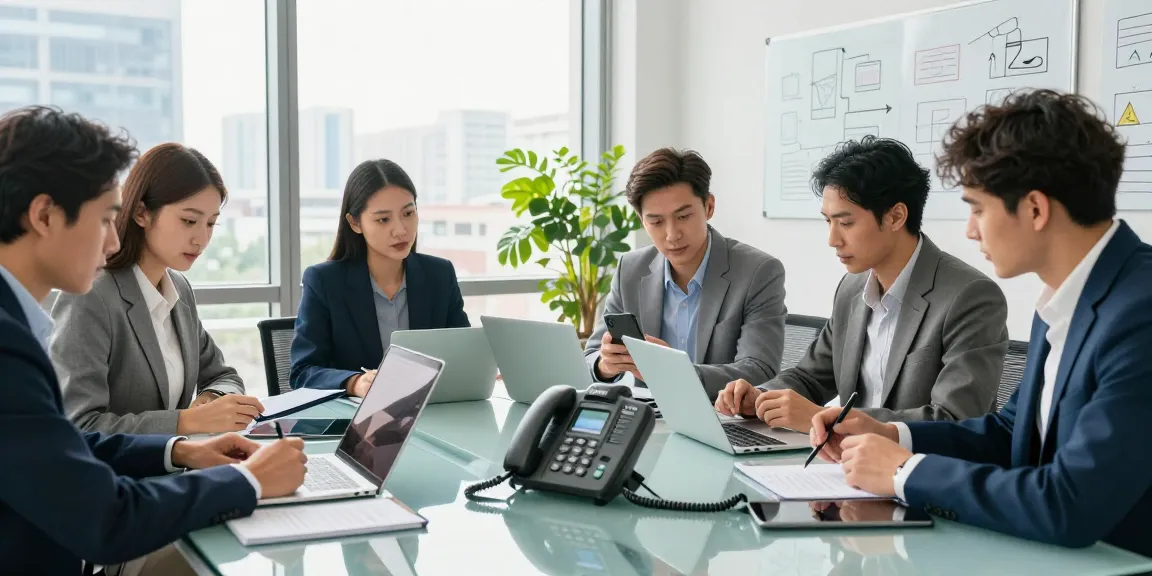 Engaged team discussing business strategies with a business phone in a modern office setup.