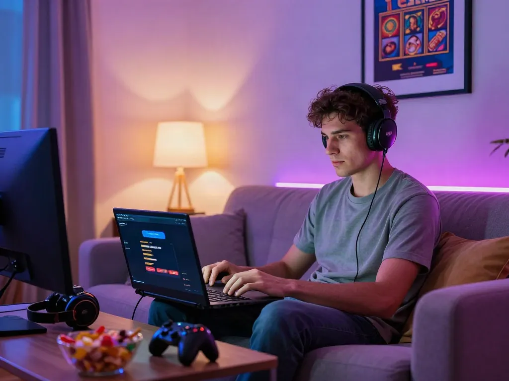 Engaging gaming scene focused on non GamStop casinos UK with young adult enjoying online gambling.