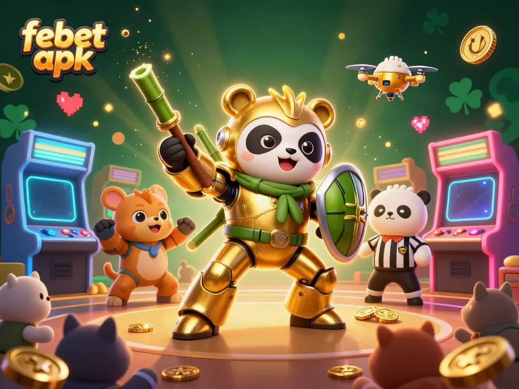 Win big with the febet apk as a golden panda battles in a vibrant casino arena filled with tokens.
