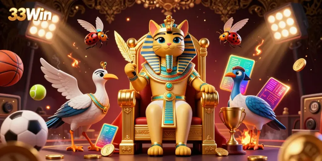 Experience the thrilling atmosphere of 33Win with dynamic casino elements, showcasing games and vibrant winnings.