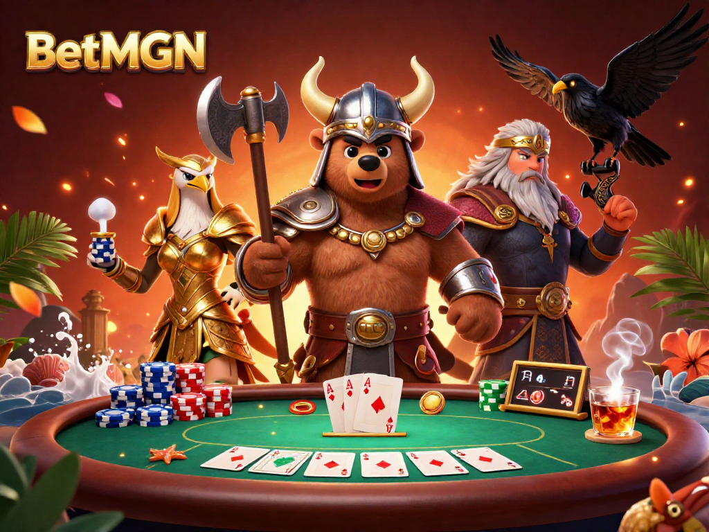 BetMGM showcases an epic poker scene featuring a Viking bear, Valkyrie eagle, and dramatic gaming elements.