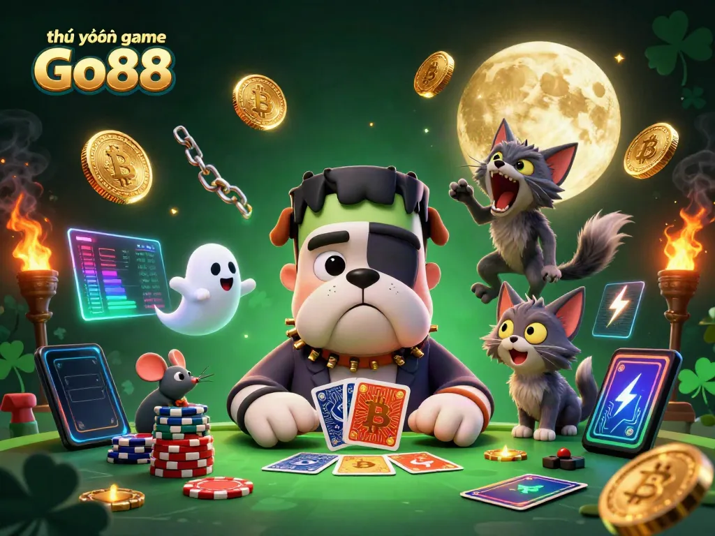 Engage with thư viện game Go88 featuring a Frankenstein bulldog and a ghost mouse at a vibrant gambling table.