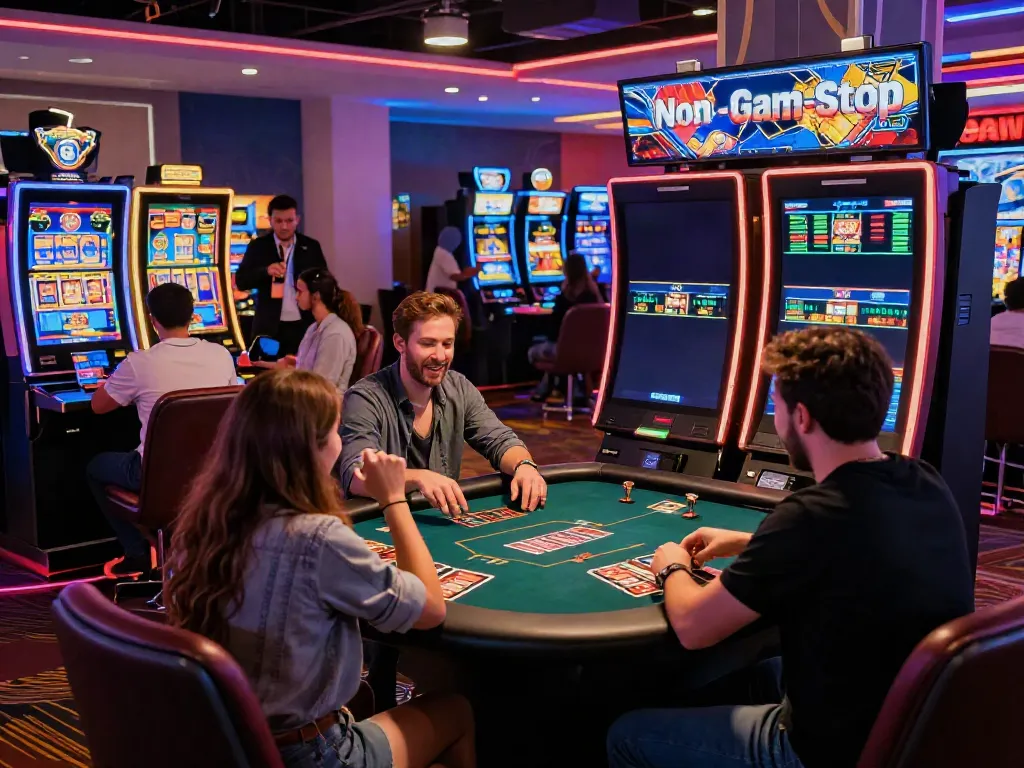 Exciting atmosphere in non gamstop casinos uk with vibrant players and neon lights.