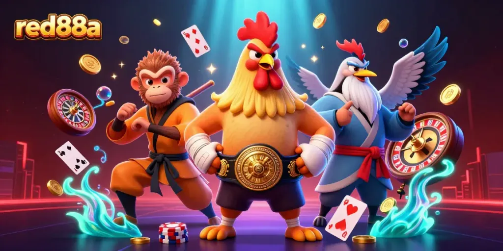 Join the action with red88a in this dynamic scene featuring cartoon characters placing bets at a casino.