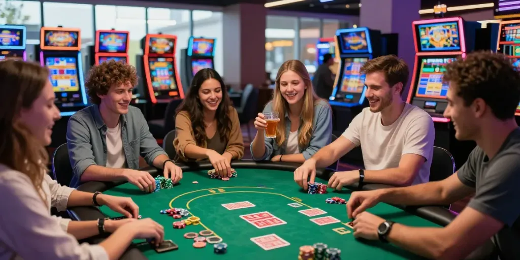 Exciting scene at non GamStop casinos UK with friends enjoying table games and vibrant casino atmosphere.