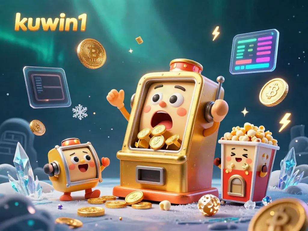 Kuwin1 slot machine celebrates hitting a jackpot in a vibrant, lively 3D illustration filled with coins and crypto elements.