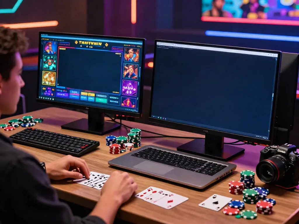 Exciting online gaming setup for non gamstop casinos UK with vibrant screens and gaming elements.