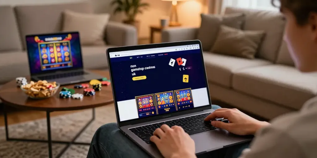 Person enjoying non gamstop casinos uk on a laptop in a cozy living room.