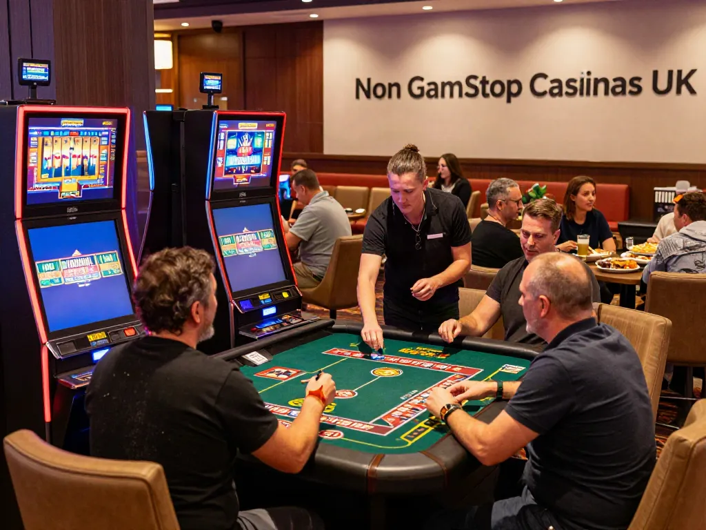 Engaging scene of players at non gamstop casinos UK, enjoying games and lively social interactions in a vibrant lounge.