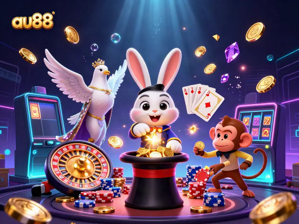 Experience the excitement of au88 with a 3D magician rabbit, sparkling gems, and casino chips.