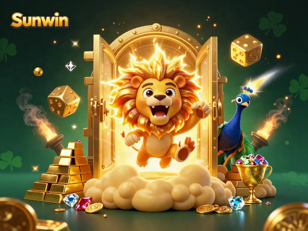 Win big with Sunwin in a vibrant 3D casino scene filled with treasures and playful characters.