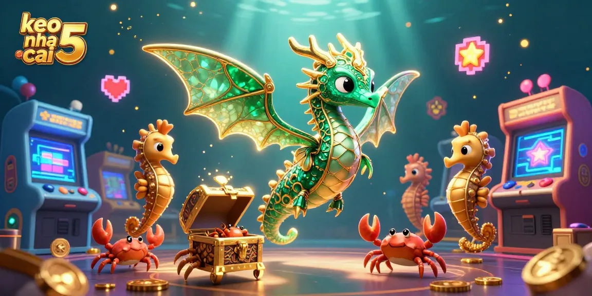 Win big today with keo nha cai 5 in a vibrant underwater scene featuring mythical sea creatures and arcade vibes.