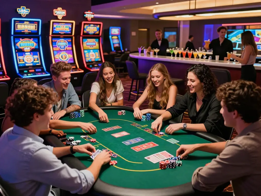 Diverse friends enjoying a fun night at non GamStop casinos UK, playing poker in a lively atmosphere.