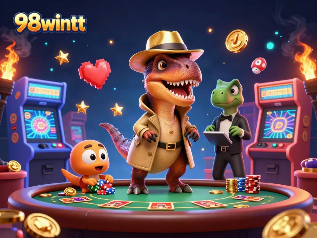Engage with 98wintt's immersive casino experience featuring a velociraptor at the blackjack table.