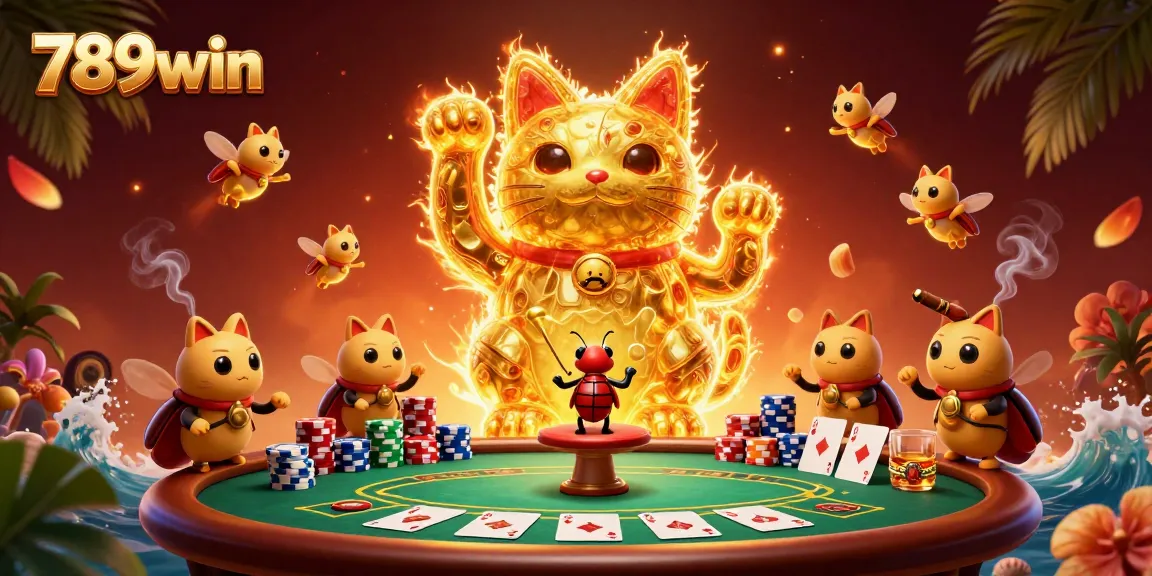 Experience the excitement of 789win as golden fireflies form a lucky cat in a vibrant casino scene.