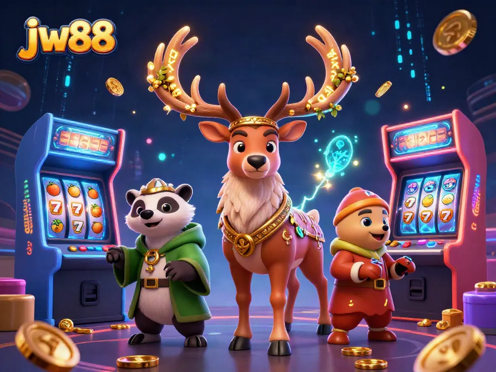Engage with the vibrant jw88 casino scene featuring a glowing druid stag and colorful slot machines.