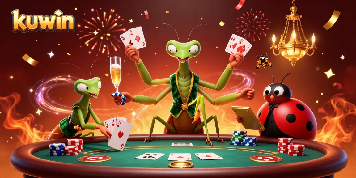 kuwin poker table scene featuring a giant mantis and a ladybug, showcasing vibrant casino action
