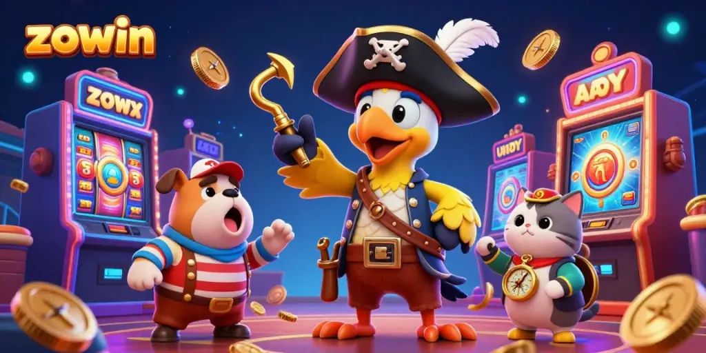 Zowin pirates participate in a vibrant casino adventure with dynamic slot machines and colorful game elements.