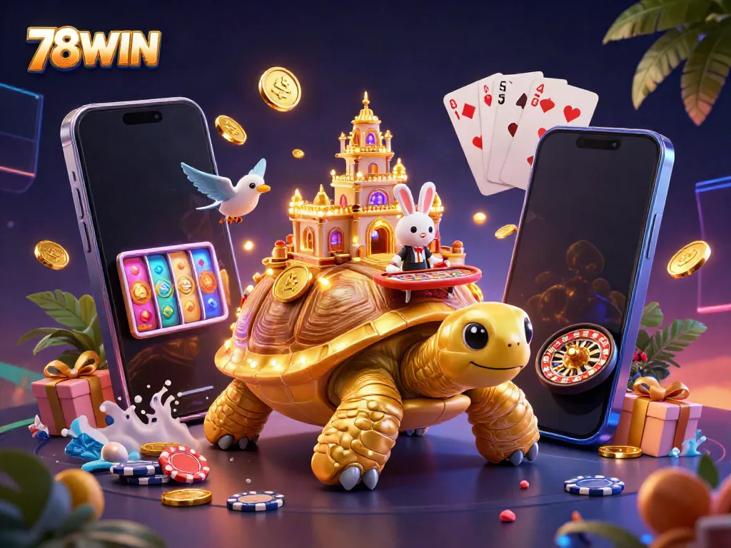 Experience winning moments at 78WIN with a vibrant 3D illustration of a casino on a golden tortoise's shell.