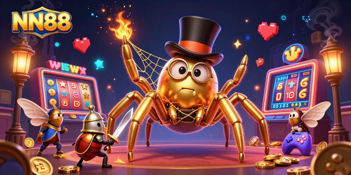 Engage in adventure at NN88 with a golden tarantula weaving jackpots and thrills in a vibrant casino.