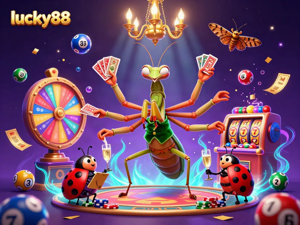 Engage with lucky88's vibrant casino world featuring a cartoon praying mantis card sharp and lottery elements.