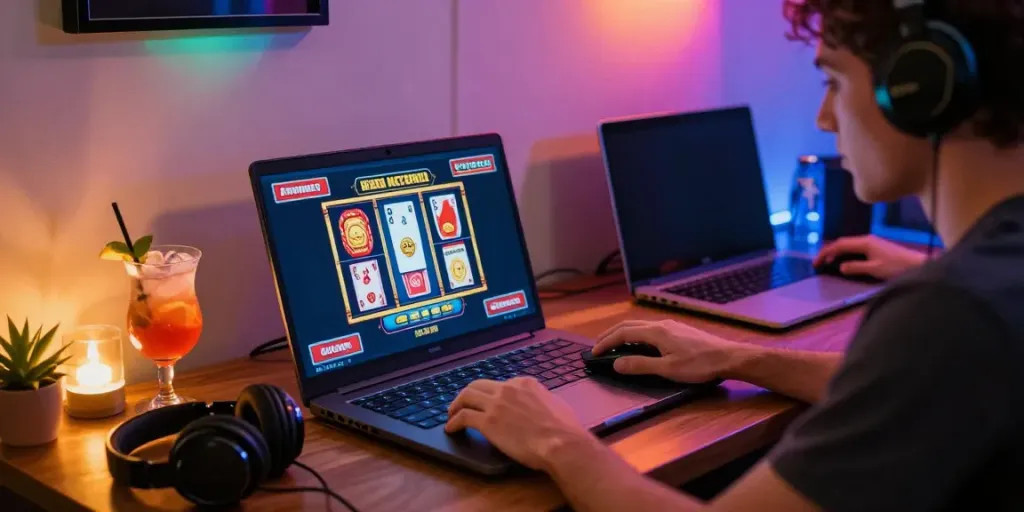 The player enjoying non gamstop casinos uk in a vibrant, modern gaming atmosphere with colorful lights.