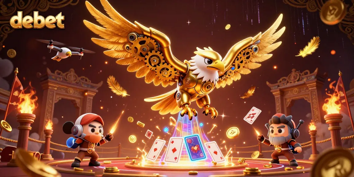 Experience thrilling wins with debet as a golden eagle soars over vibrant betting tokens and cards.