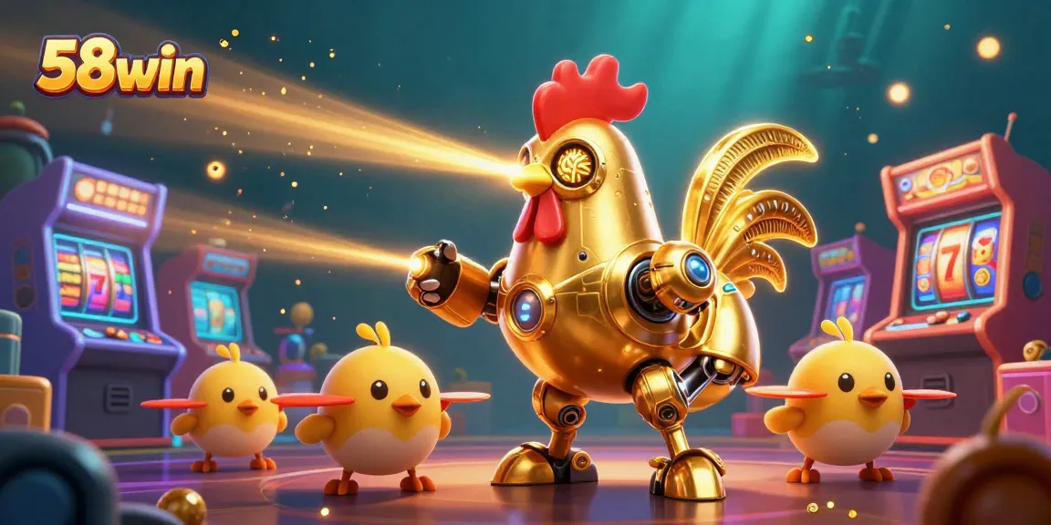 Experience thrilling gameplay with 58win's golden rooster robot and vibrant casino elements.