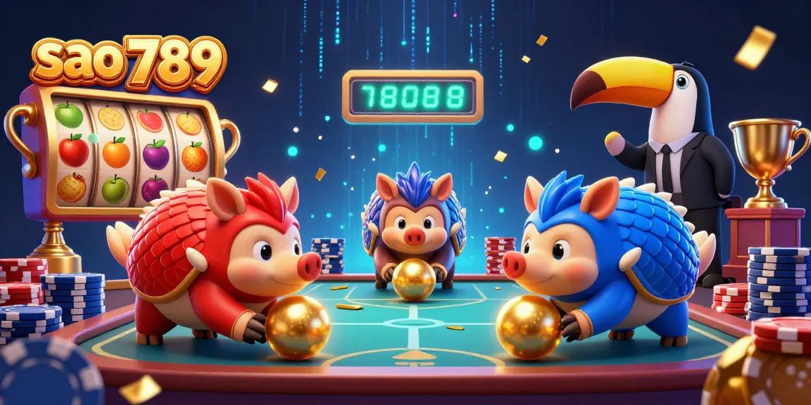 Sao 789 features rival pangolins in a vibrant online casino scene with slots and jackpot visuals.